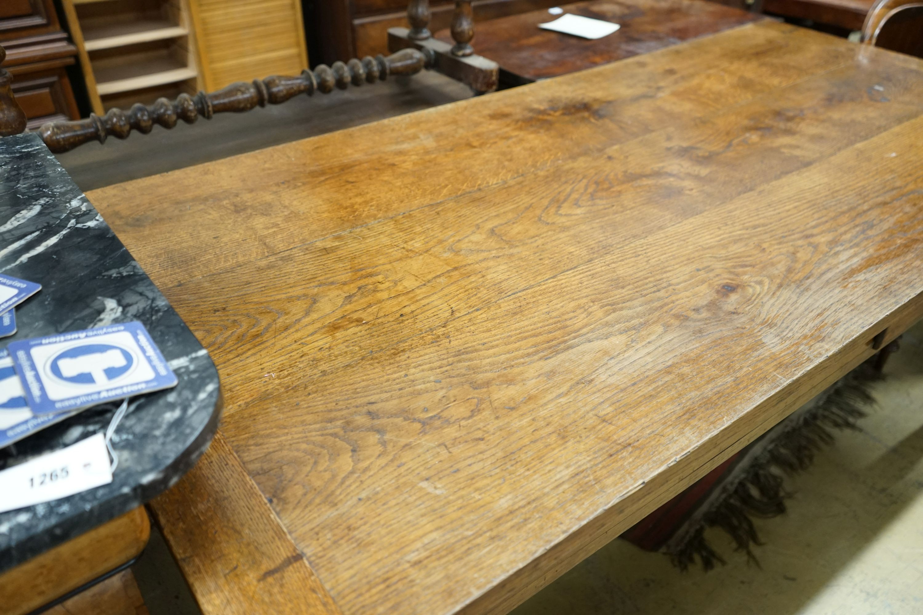 A 19th century French rectangular oak kitchen table, length 183cm, depth 87cm, height 75cm